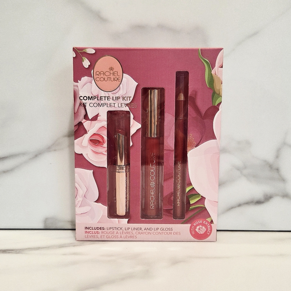 RACHEL COUTURE Complete 3 Piece Lip Kit Shade Mood (Red) - NEW IN BOX